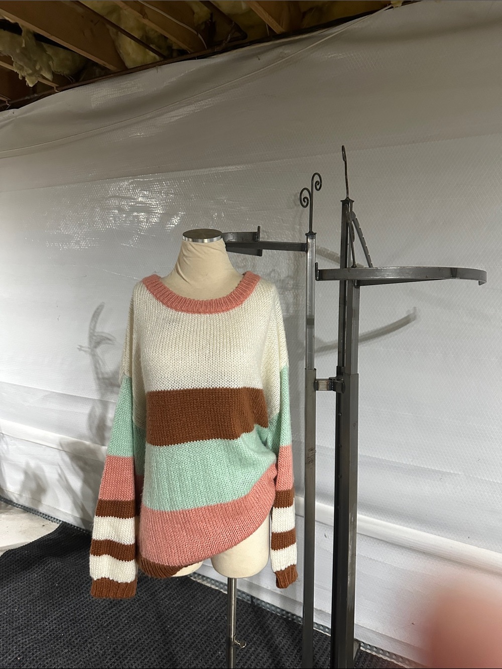 Umgee Colorblock Crewneck Sweater in White, Mint, Pink, Brown